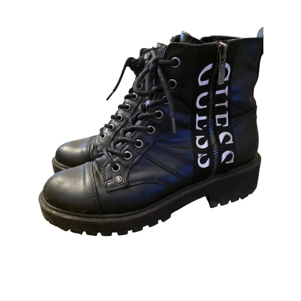 GUESS Women's‎ Logo Combat Boots Black Size 7 M Chunky Y2k Bratz Spice Girls